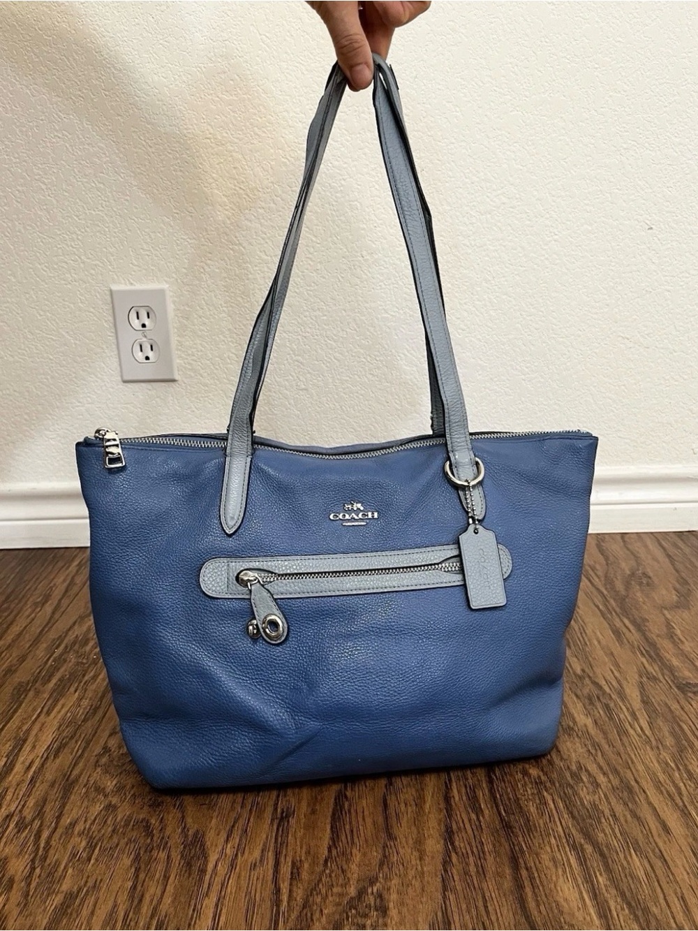 Coach Taylor  Sage Teal Blue Soft Pebble Leather Top Zip Shoulder Tote Bag